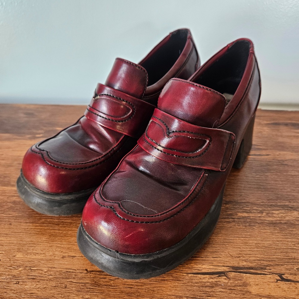 Vtg Y2K American Eagle Caprice Burgundy Platform Leather Loafers Chunky Heel 8
